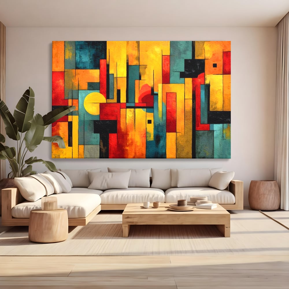 Tablou canvas cu pictura abstracta cu forme geometrice urbane, fara rama, pe sasiu de lemn, pe perete intr-un living